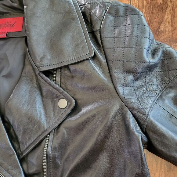 Womens 100% Black Leather Jacket  Asymmetrical Zip Moto Jacket Quilted - Picture 9 of 10